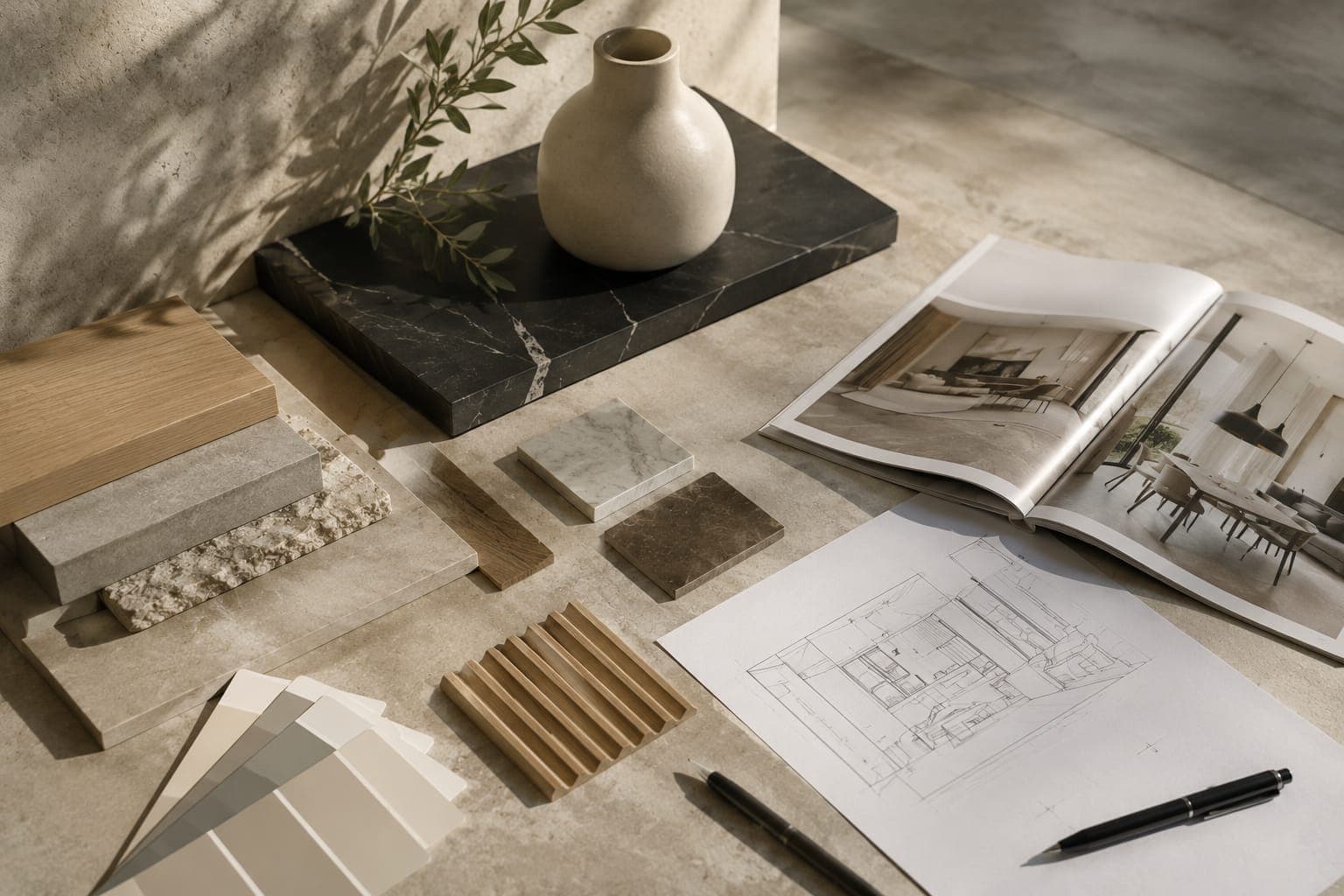 Sélection de matières — marbre, bois, pierre, nuancier